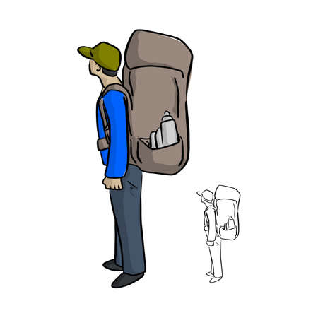 man hiking with big backpack vector illustration sketch doodle hand drawn with black lines isolated on white backgroundのイラスト素材