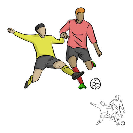 Two soccer players fighting for a ball vector illustration sketch doodle hand drawn with black lines isolated on white backgroundのイラスト素材