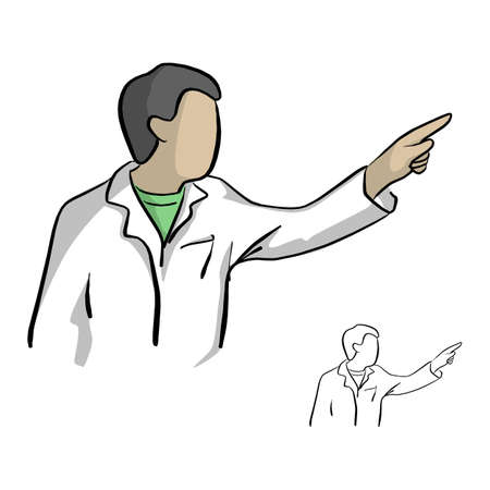 Doctor or scientist pointing to the right hand vector illustration sketch doodle hand drawn with black lines isolated on white backgroundのイラスト素材