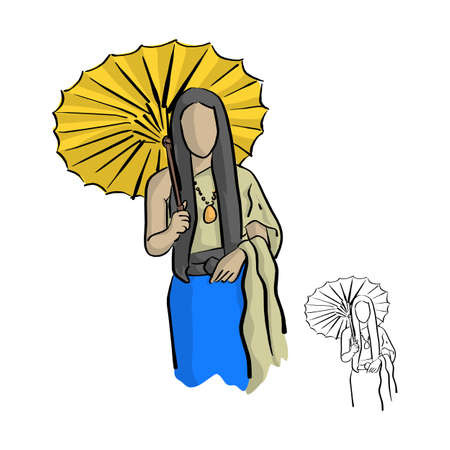 Asian woman wearing Thai traditional style cloth with wood yellow umbrella vector illustration sketch doodle hand drawn with black lines isolated on white backgroundのイラスト素材