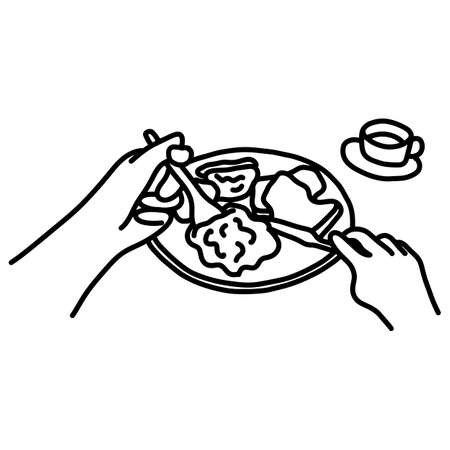 POV close-up hand of man putting food to his mouth vector illustration sketch doodle hand drawn with black lines isolated on white backgroundのイラスト素材