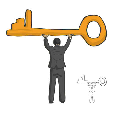 Businessman holding big golden key over his head vector illustration sketch doodle hand drawn with black lines isolated on white backgroundのイラスト素材