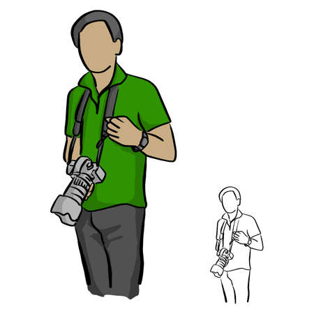 Male photographer holding DSLR camera vector illustration sketch doodle hand drawn with black lines isolated on white backgroundのイラスト素材