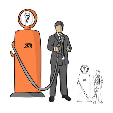 businessman holding fuel pump of idea vector illustration sketch doodle hand drawn with black lines isolated on white backgroundのイラスト素材