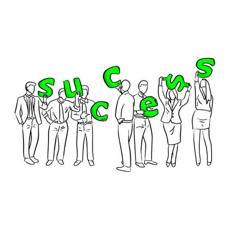 business people holding green letters SUCCESS vector illustration sketch doodle hand drawn with black lines isolated on white background. Teamwork concept.のイラスト素材