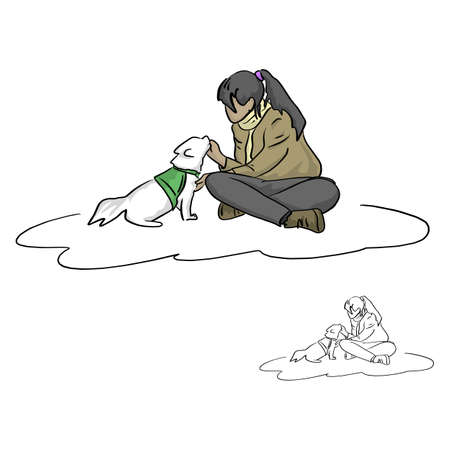 Young woman playing with her dog vector illustration sketch doodle hand drawn with black lines isolated on white backgroundのイラスト素材