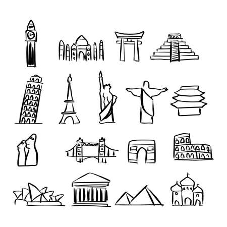 icon set of famous landmarks around the world vector illustration sketch doodle hand drawn with black lines isolated on white backgroundのイラスト素材