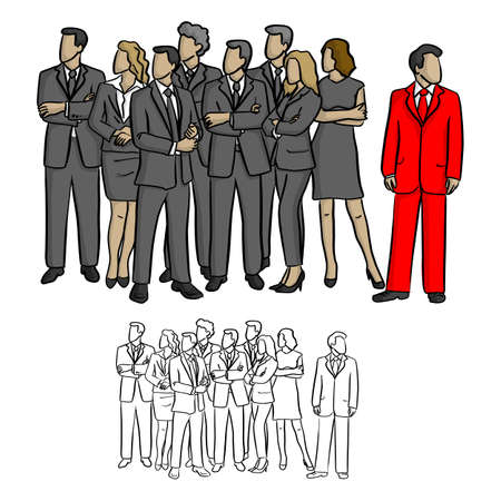 group of business people looking on the right except one in the red suit vector illustration sketch doodle hand drawn with black lines isolated on white backgroundのイラスト素材