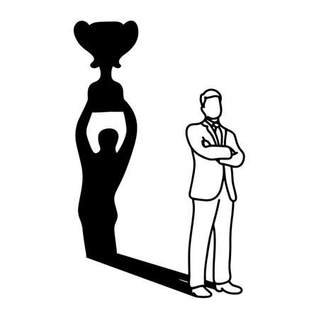 shadow of businessman holding big trophy over his head vector illustration sketch doodle hand drawn with black lines isolated on white backgroundのイラスト素材
