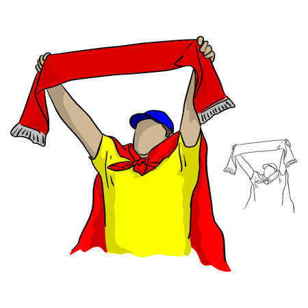 fat male football fan holding a red scarf and cheering vector illustration sketch doodle hand drawn with black lines isolated on white backgroundのイラスト素材