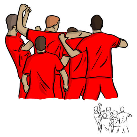 five soccer players celebrating after shooting goal vector illustration sketch doodle hand drawn with black lines isolated on white backgroundのイラスト素材