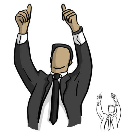 businessman showing two thumbs up over his head vector illustration sketch doodle hand drawn with black lines isolated on white backgroundのイラスト素材
