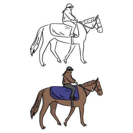 female jockey on horse vector illustration sketch doodle hand drawn with black lines isolated on white backgroundのイラスト素材
