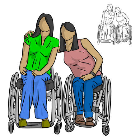 two disable women sitting on wheelchair vector illustration sketch doodle hand drawn with black lines isolated on white background. Friend concept.のイラスト素材