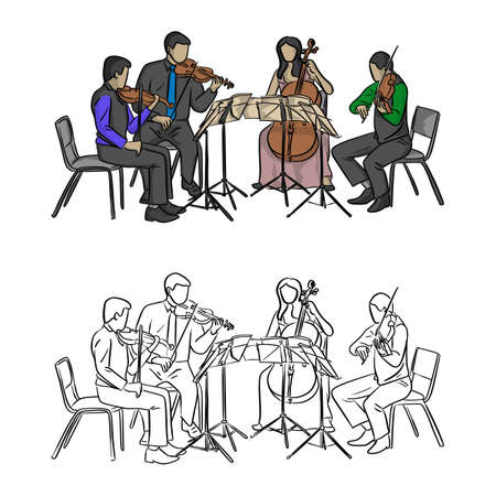 group of musicians playing in quartet vector illustration sketch doodle hand drawn with black lines isolated on white backgroundのイラスト素材