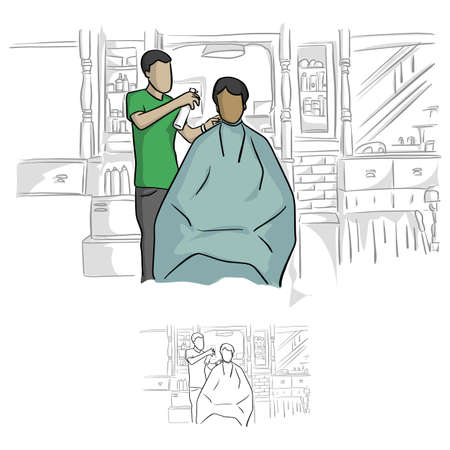 front view of hairdresser using spray on hair of male client vector illustration sketch doodle hand drawn with black lines isolated on white backgroundのイラスト素材