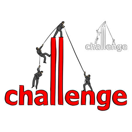 businesspeople helping each other to cross over the red word Challenge vector illustration sketch doodle hand drawn with black lines isolated on white background. Business concept.のイラスト素材