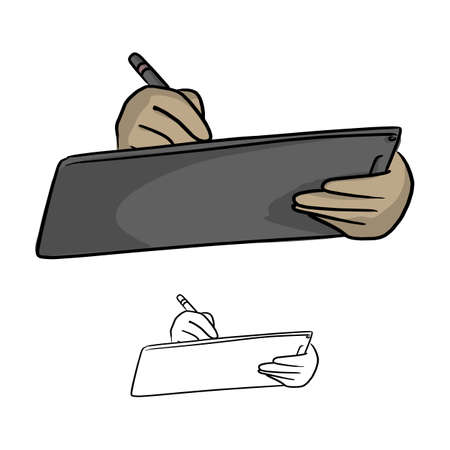 Close up of businessman hand using stylus pen for touching the digital tablet screen vector illustration sketch doodle hand drawn with black lines isolated on white backgroundのイラスト素材