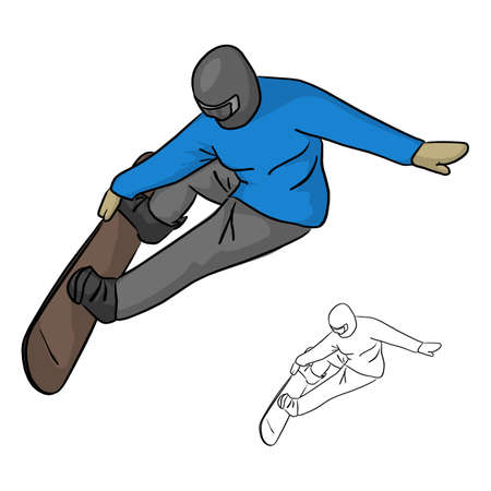 Snowboarder with helmet jumping through air vector illustration sketch doodle hand drawn with black lines isolated on white backgroundのイラスト素材