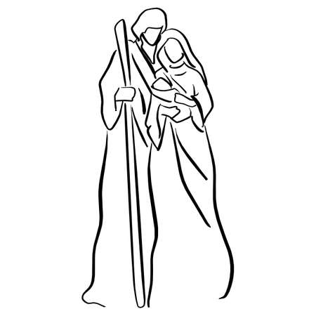 Nativity Scene with baby Jesus, Mary and Joseph vector illustration sketch doodle hand drawn with black lines isolated on white background.のイラスト素材