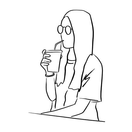 woman with glasses drinking cold takeaway coffee vector illustration sketch doodle hand drawn with black lines isolated on white backgroundのイラスト素材