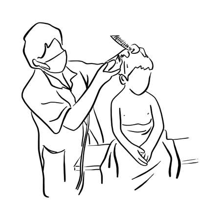 little kid getting haircut at kids barbershop vector illustration sketch doodle hand drawn with black lines isolated on white backgroundのイラスト素材