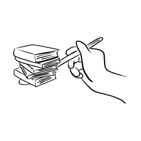 hand holding spoon with books vector illustration sketch doodle hand drawn with black lines isolated on white background. Education concept.のイラスト素材