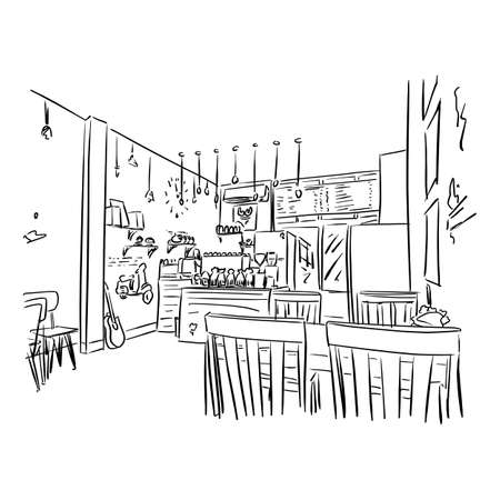 Empty cafe or bar interior vector illustration sketch doodle hand drawn with black lines isolated on white backgroundのイラスト素材