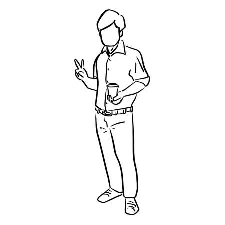 businessman holding a cup of coffee with victory sign vector illustration sketch doodle hand drawn with black lines isolated on white backgroundのイラスト素材