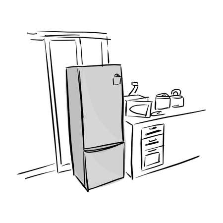 gray refrigerator in kitchen vector illustration sketch doodle hand drawn with black lines isolated on white backgroundのイラスト素材