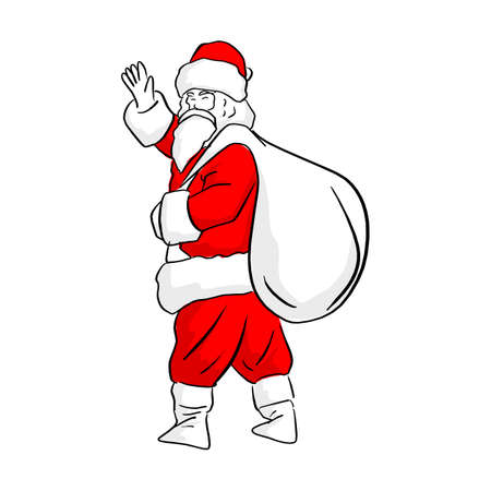 Chinese Santa clause waving hand with big white bag on his back vector illustration sketch doodle hand drawn with black lines isolated on white backgroundのイラスト素材