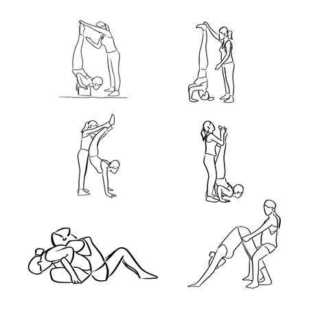 set of fitness healthy woman doing yoga with trainer vector illustration sketch doodle hand drawn with black lines isolated on white backgroundのイラスト素材