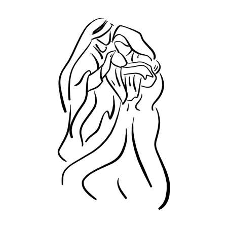 Nativity Scene with baby Jesus, Mary and Joseph vector illustration sketch doodle hand drawn with black lines isolated on white background.のイラスト素材