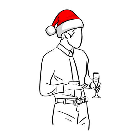 businessman with red santa hat holding glass in party vector illustration sketch doodle hand drawn with black lines isolated on white backgroundのイラスト素材