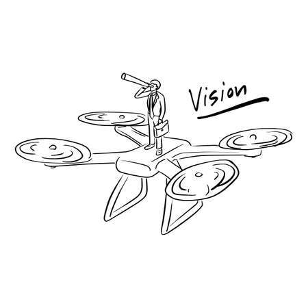 businessman standing on drone with telescope vector illustration sketch doodle hand drawn with black lines isolated on white background. Vision business concept.のイラスト素材