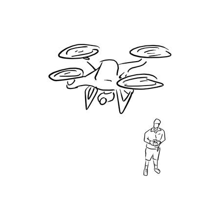 man operating of flying drone vector illustration sketch doodle hand drawn with black lines isolated on white backgroundのイラスト素材