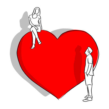 man looking at woman on the top of red hert shape vector illustration sketch doodle hand drawn with black lines isolated on white backgroundのイラスト素材
