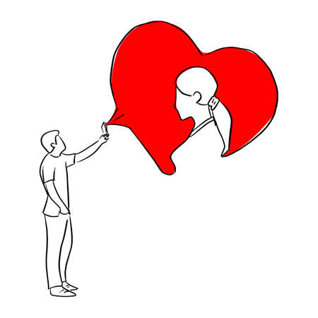 man using mobile phone to call his girlfriend vector illustration sketch doodle hand drawn with black lines isolated on white backgroundのイラスト素材