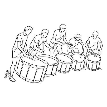five teenagers playing marching drum vector illustration sketch doodle hand drawn with black lines isolated on white background. Teamwork concept.のイラスト素材