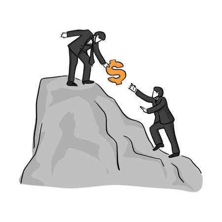 businessman on top of mountain helping colleague or friend climbing up with dollar sign vector illustration sketch doodle hand drawn with black lines isolated on white backgroundのイラスト素材