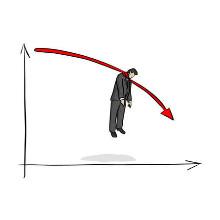 fail businessman hanging on red graph going down vector illustration sketch doodle hand drawn with black lines isolated on white background. Business crisis concept.のイラスト素材