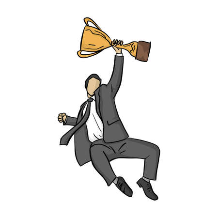 businessman jump with golden trophy vector illustration sketch doodle hand drawn with black lines isolated on white background. Business success concept.のイラスト素材