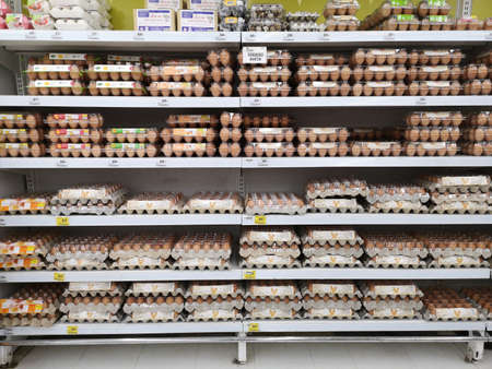 CHIANG RAI, THAILAND - FEBRUARY 12 : eggs on shelves sold in supermarket  on February 12, 2019 in Chiang rai, Thailand.のeditorial素材