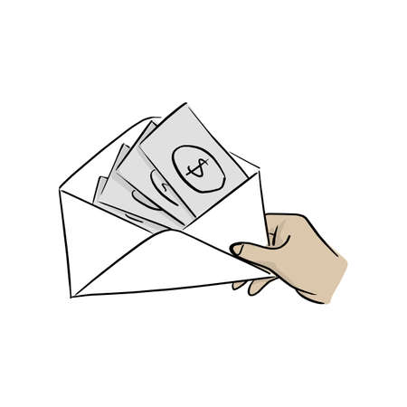 hand of businessman holding money in envelope vector illustration with black lines isolated on white backgroundのイラスト素材