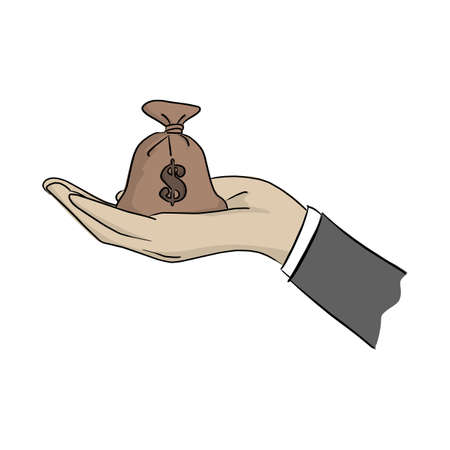 hand of businessman holding money bag vector illustration with black lines isolated on white backgroundのイラスト素材