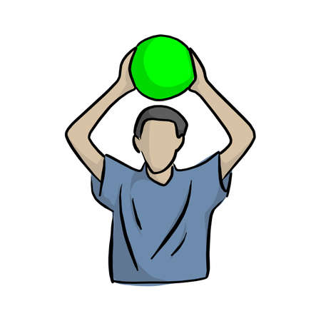 man holding green ball over head vector illustration with black lines isolated on white backgroundのイラスト素材