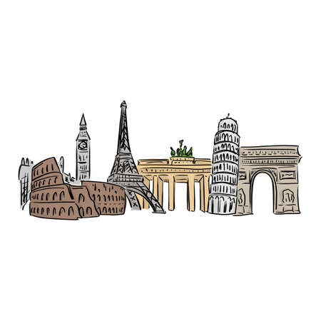 famous landmark in europe vector illustration with black lines isolated on white background.