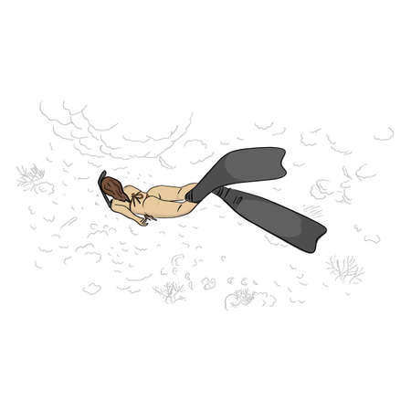 woman in bikini with scuba diving into underwater in the sea vector illustration with black lines isolated on white backgroundのイラスト素材