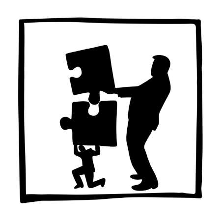 silhouette boss and businessman taking puzzles together vector illustration sketch doodle hand drawn isolated on white square background. Business teamwork concept.のイラスト素材