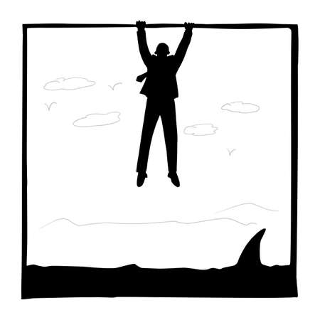 silhouette businessman holding a frame over a shark vector illustration sketch doodle hand drawn isolated on white square background. Business investment concept.のイラスト素材